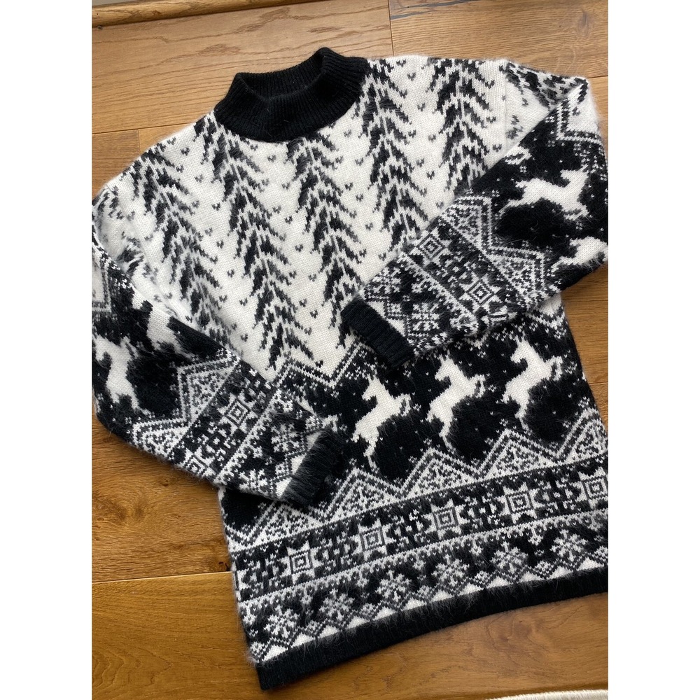 Vtg Rafaella Sweater Angora Lambswool Fairisle Reindeer Black White Med Holiday
